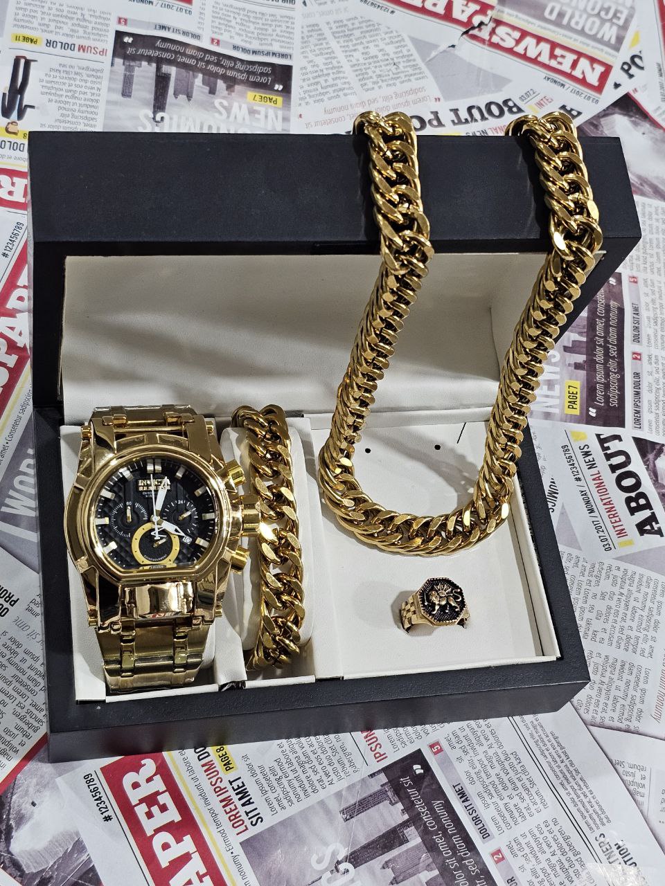 ست مردانه ساعت اینویکتا و گردنبند و دستبند و انگشتر طلاروس