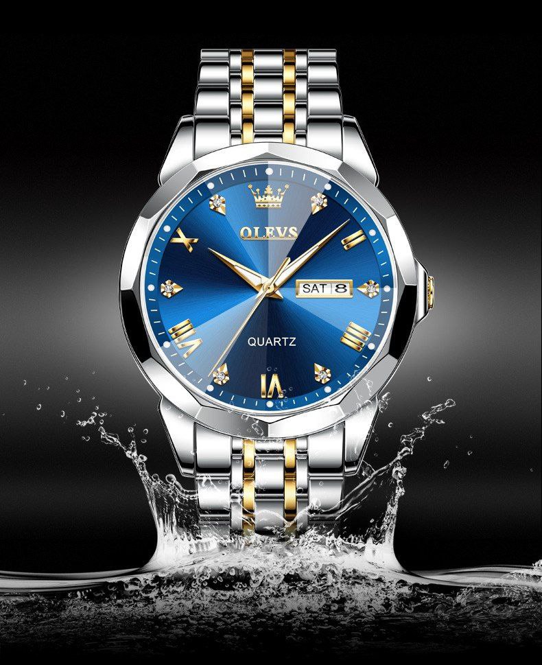 ساعت مردانه الوز olevs موتور کوارتز مقاوم در برابر آب  طرح الماس دارای روز شمار ایام هفته  صفحه شب نما بند فولاد استیل قفل پروانه ای استیل مخفی شیشه سافایر ضدخش