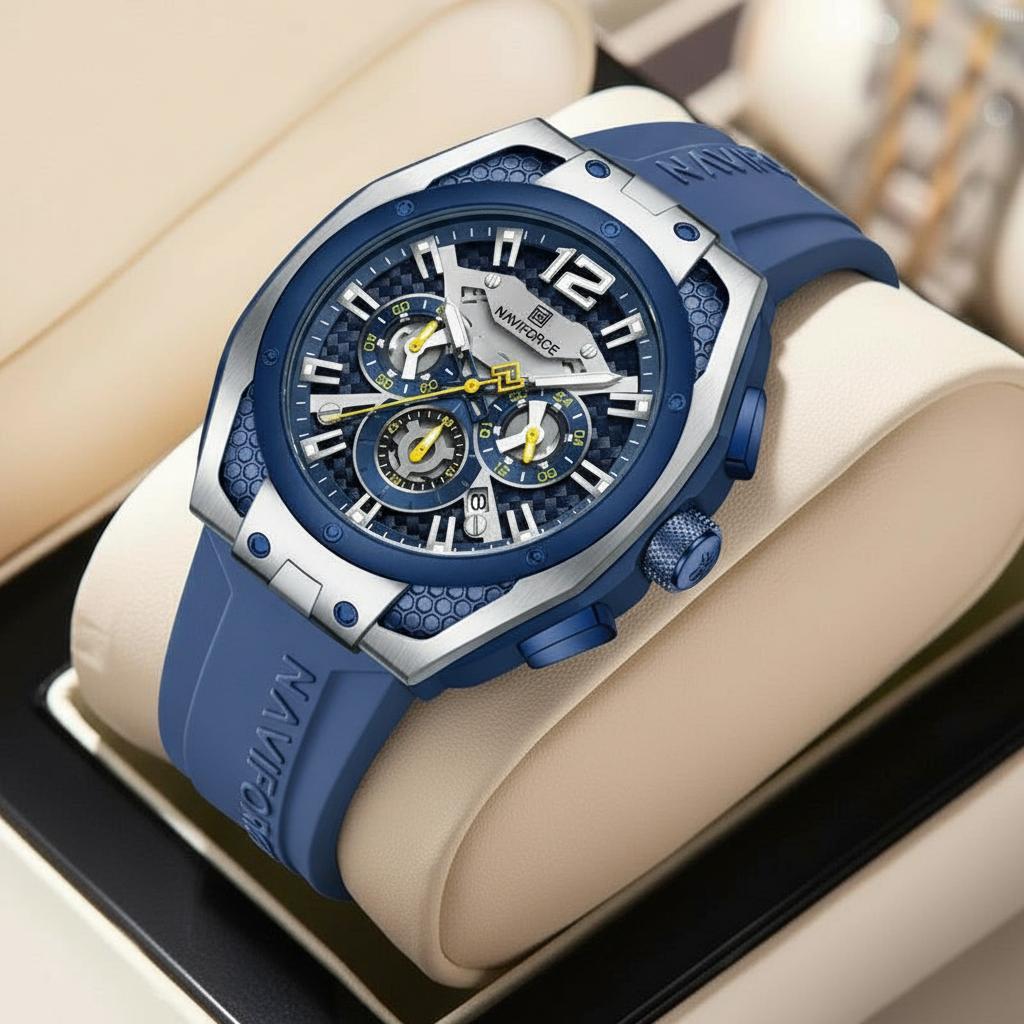 ساعت  سه موتوره فعال  برند ناوی فورس  قطر ۴۵ میلی متر رنگ ثابت ضدآب قاب استیل بند  سیلیکون شیشه ضدخش روز شمار دارد ضدآب 3ATM