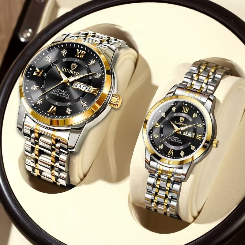 ساعت بین باند مدلی نو   مقاوم دربرابر آب برندشرکتی  دارای روز شمار  ایام هفته  بند استیل فولاد شیشه سافایر  شب نما قفل دو پروانه  موتور کوارتز