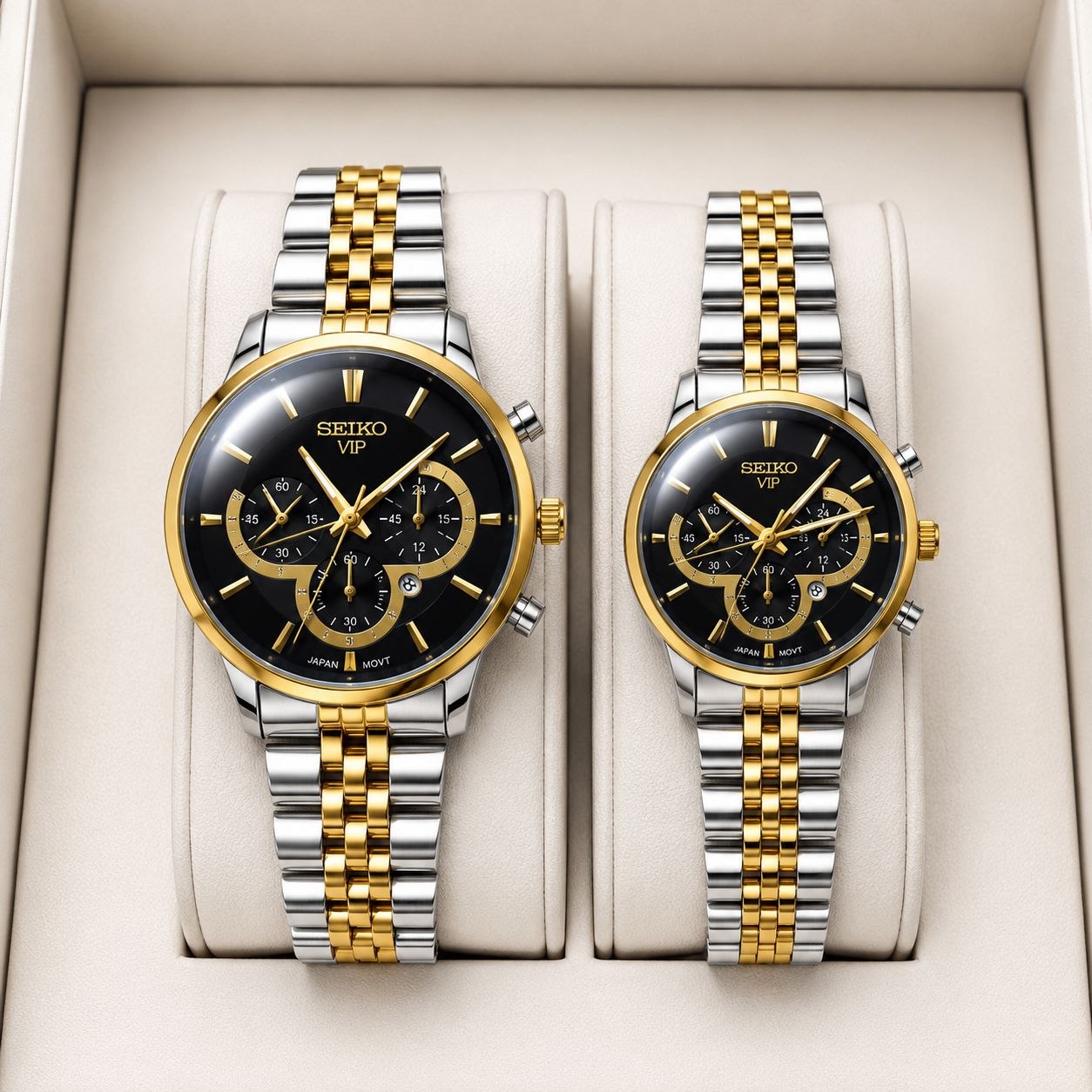seiko   new collection        ♤ست ساعت زنانه و مردونه سیکو vip  دارای روزشمار  طرح کرنو گراف  قفل کلیپسی  موتورکوارتز  بنداستیل