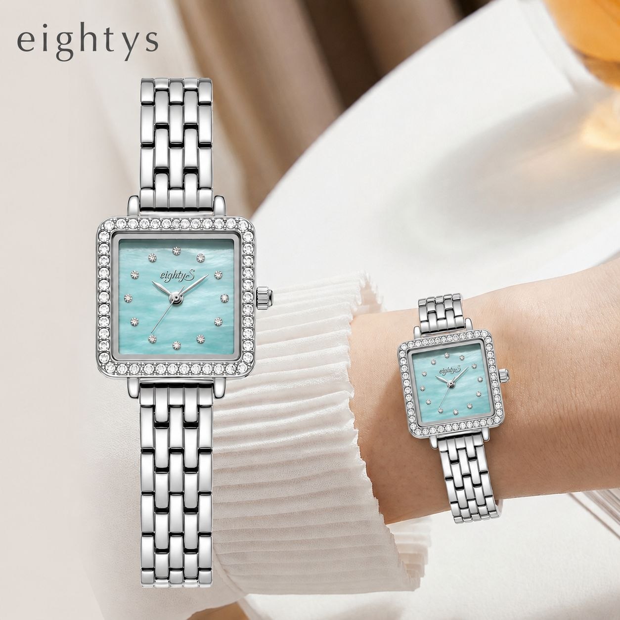 eightys  jewellery  ترکیبی از زیبایی، درخشش و استایل خاص برای بانوان شیک‌پوش.  مناسب مهمانی هدیه و استفاده روزانه ✨ برند شرکتی  شیشه سافایر  قفل پروانه ای  موتورکوارتز  بند استیل
