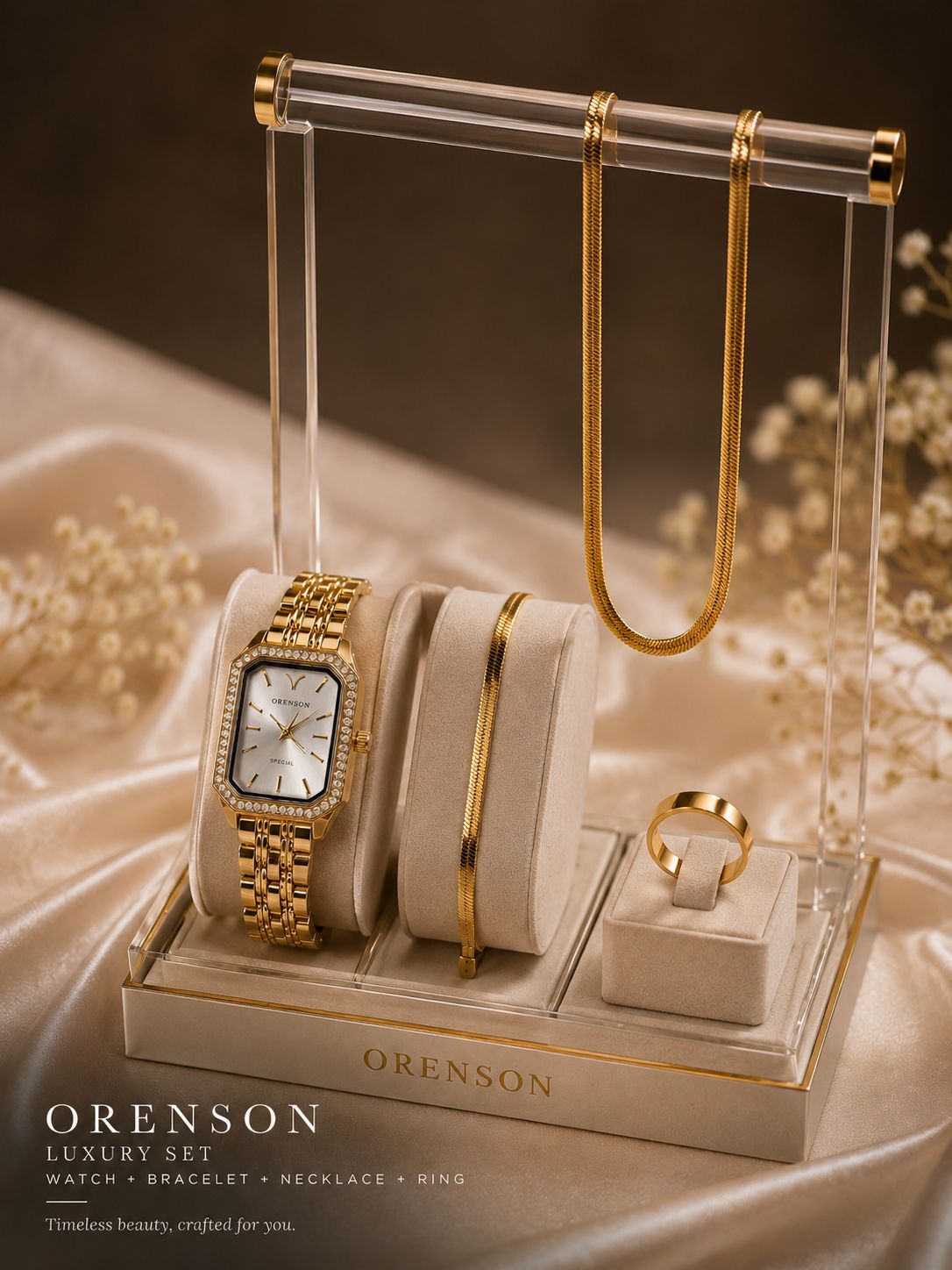 🌈ست ساعت زنانه برند اورنسون ☑️Orenson for womens ✅نگین دار ✅کیفیت  ابکاری عالی ✅ضد حساسیت  ✅رنگ ثابت ✅قفل پروانه ای مخفی ✅طراحی خاص و شیک  ☑️به همراه گردنبند ماری استیل ✅و دستبند ماری استیل  ✅و حلقه استیل  🎁به همراه جعبه کادویی