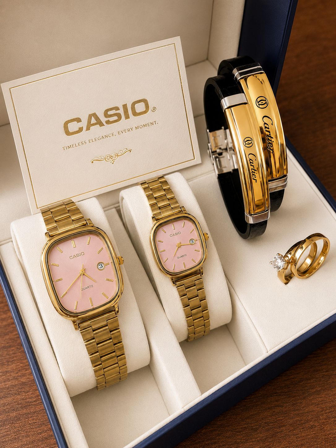 🌈ست مردانه  و زنانه ساعت کاسیو اولد مانی ☑️casio set  ✅ کاسیو اولدمانی  ✅تقویم دار ✅مربعی  ✅استیل ✅کیفیت مناسب رنگ ✅طراحی خاص ✅به همراه حلقه ست استیل ✅و ست دستبند چرمی ✅بهترین گزینه برای کادو و هدیه