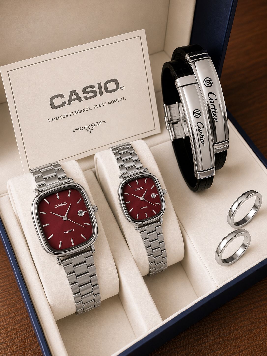 🌈ست مردانه  و زنانه ساعت کاسیو اولد مانی ☑️casio set  ✅ کاسیو اولدمانی  ✅تقویم دار ✅مربعی  ✅استیل ✅کیفیت مناسب رنگ ✅طراحی خاص ✅به همراه حلقه ست استیل ✅و ست دستبند چرمی ✅بهترین گزینه برای کادو و هدیه
