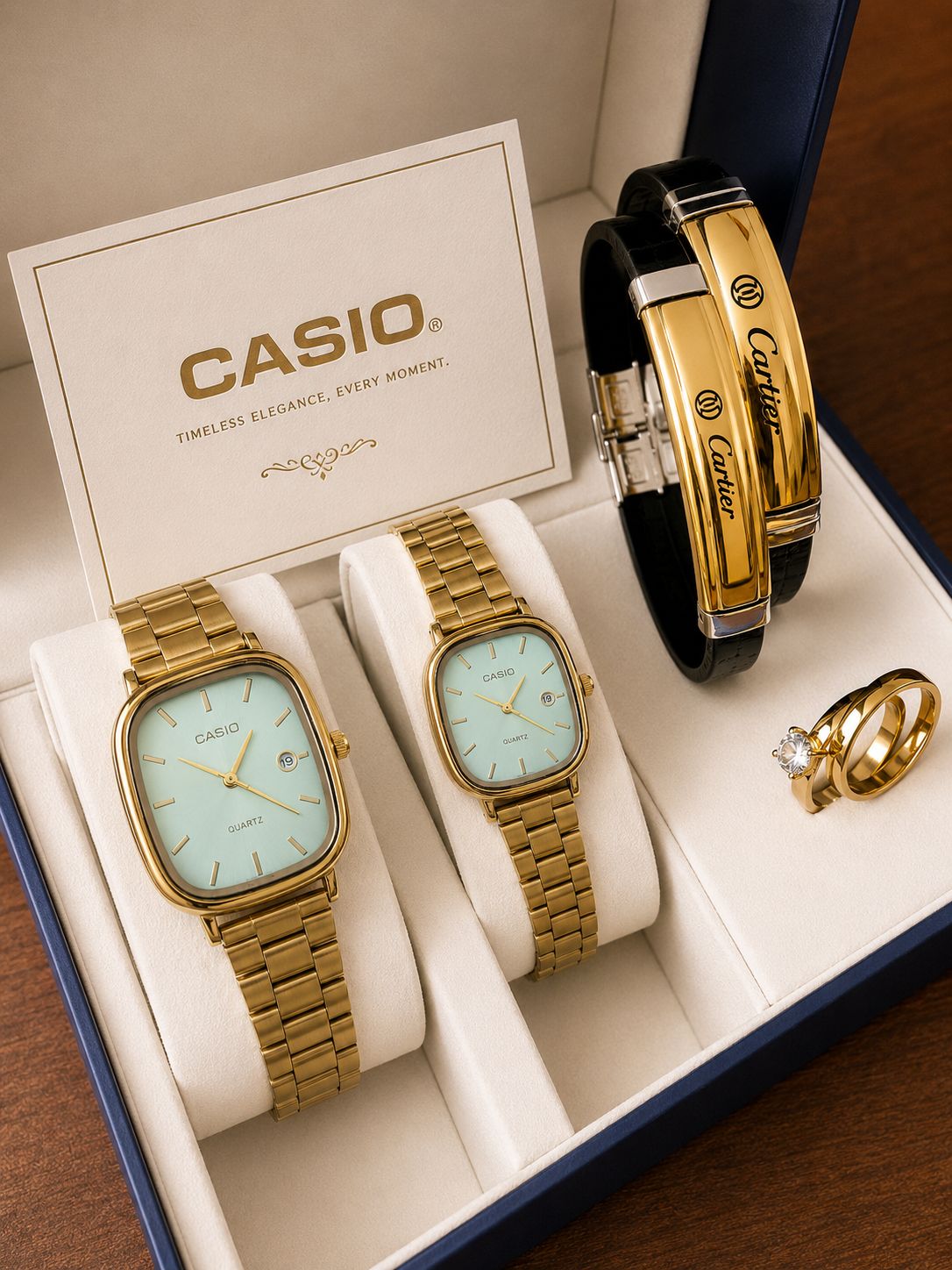 🌈ست مردانه  و زنانه ساعت کاسیو اولد مانی ☑️casio set  ✅ کاسیو اولدمانی  ✅تقویم دار ✅مربعی  ✅استیل ✅کیفیت مناسب رنگ ✅طراحی خاص ✅به همراه حلقه ست استیل ✅و ست دستبند چرمی ✅بهترین گزینه برای کادو و هدیه