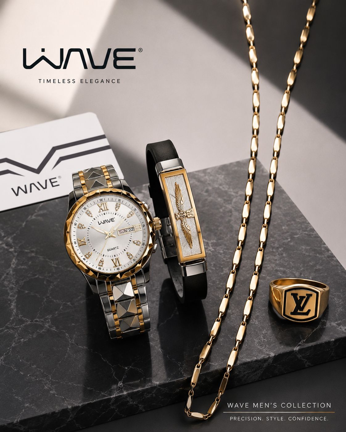 🌈 ست ساعت مردانه الماسی مارک وایو  ☑️Wave for mens  ✅الماسی ✅عدد نگینی  ✅طرح بین باند ✅دو تقویمه ✅موتور کوارتز  ✅به همراه گردنبند کبریتی استیل ✅و دستبند چرمی فروهر مشابه ✅و انگشتر طلاروس لویی ویتون  ✅بهترین گزینه برای کادو و هدیه