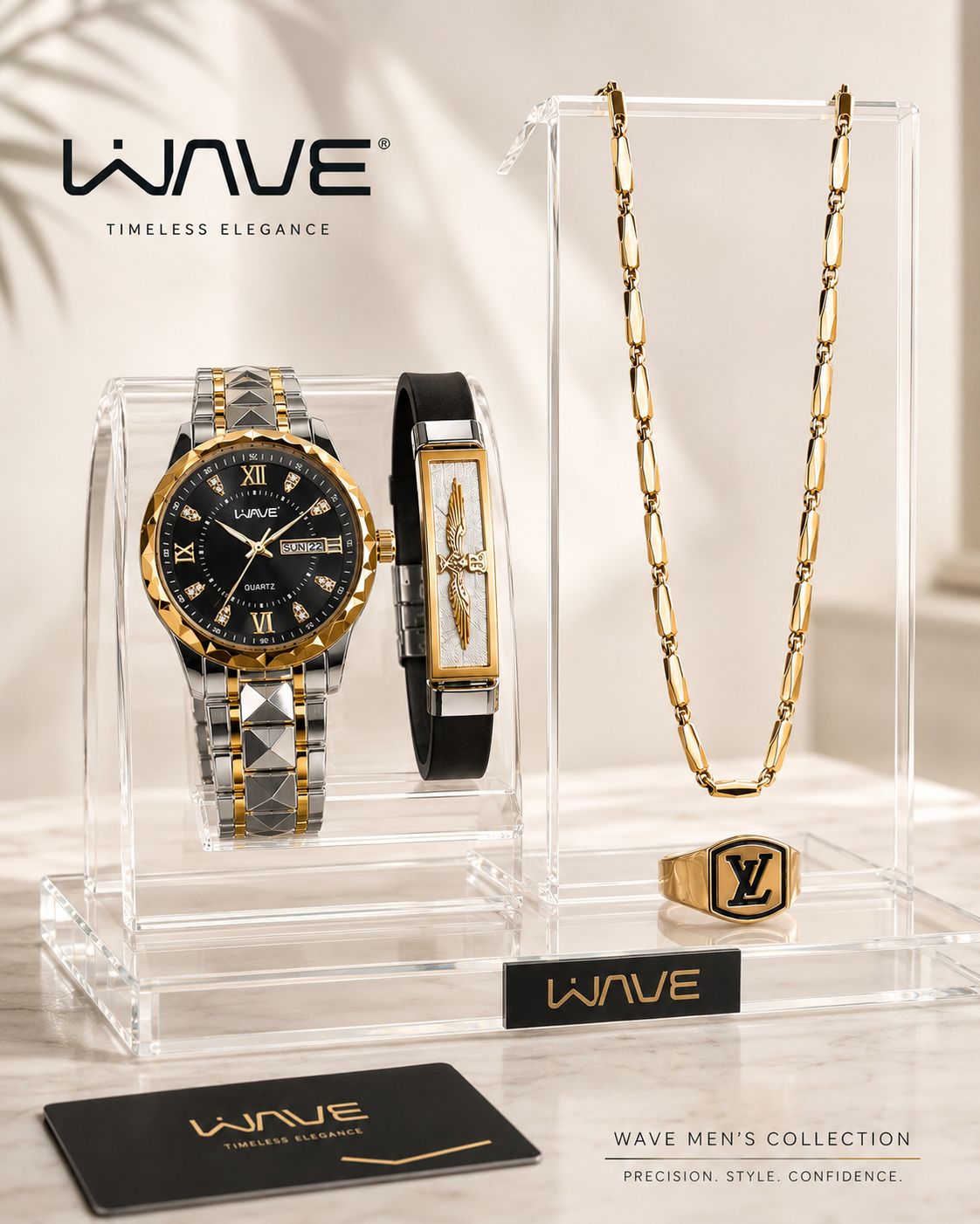 🌈 ست ساعت مردانه الماسی مارک وایو  ☑️Wave for mens  ✅الماسی ✅عدد نگینی  ✅طرح بین باند ✅دو تقویمه ✅موتور کوارتز  ✅به همراه گردنبند کبریتی استیل ✅و دستبند چرمی فروهر مشابه ✅و انگشتر طلاروس لویی ویتون  ✅بهترین گزینه برای کادو و هدیه
