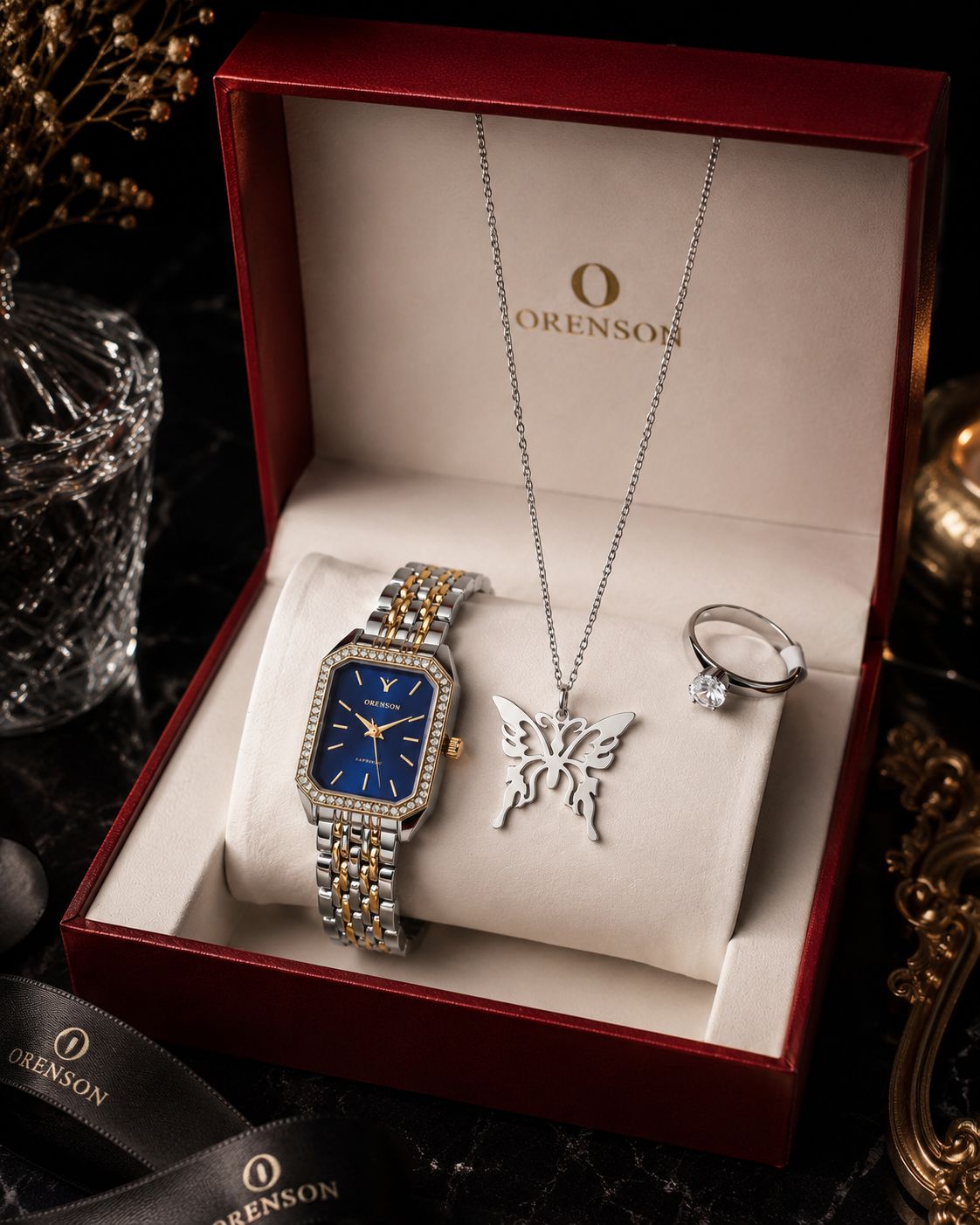🌈ست ساعت زنانه برند اورنسون ☑️Orenson for womens ✅نگین دار ✅کیفیت  ابکاری عالی ✅ضد حساسیت  ✅رنگ ثابت ✅قفل پروانه ای مخفی ✅طراحی خاص و شیک  ☑️به همراه گردنبند استیل ✅و حلقه استیل  🎁به همراه جعبه کادویی