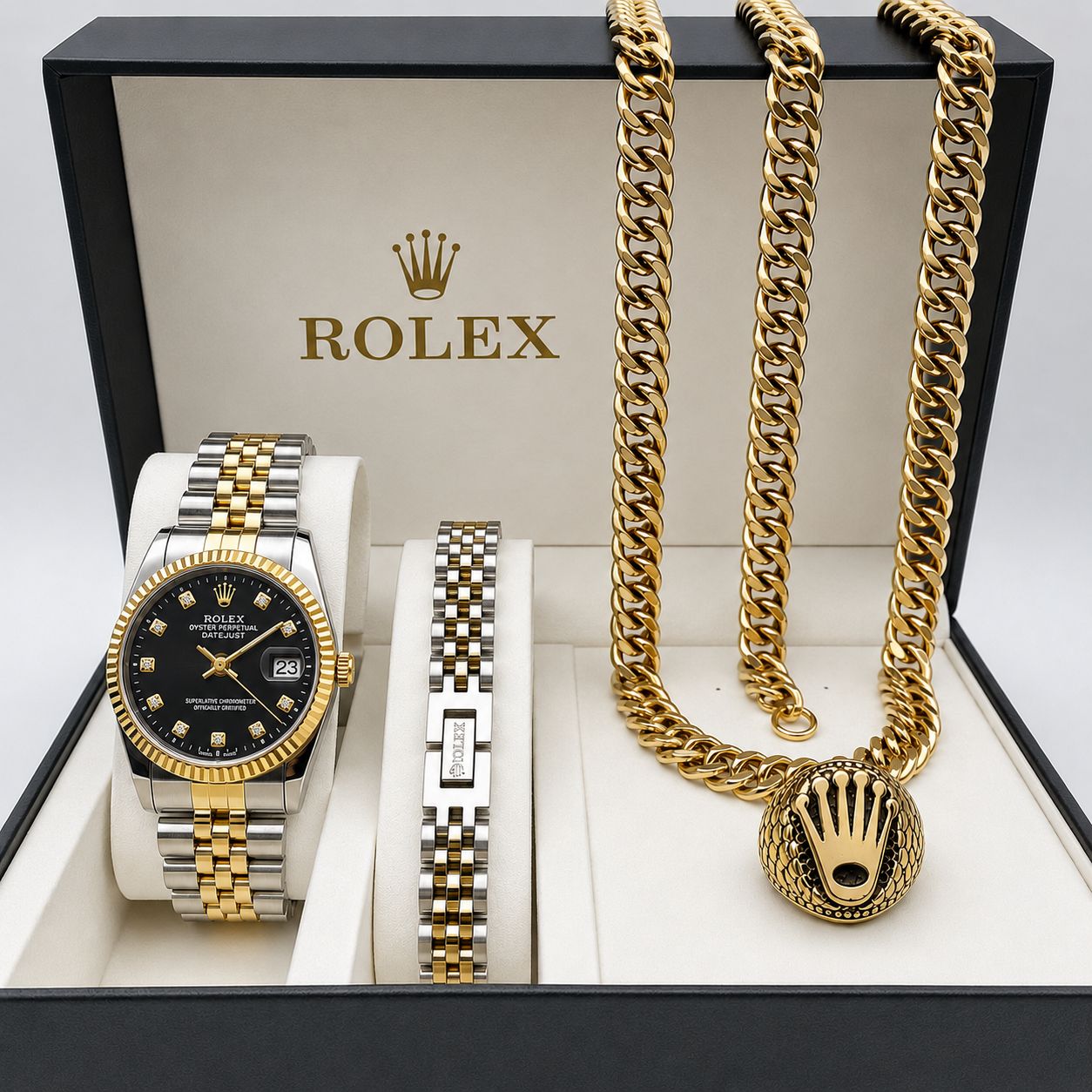 🌈 ست ساعت مردانه مارک رولکس ☑️Rolex for mens  ✅دیت جاست ✅شیشه تلسکوپی ✅بند استیل ✅تقویم دار ✅موتور کوارتز  ☑️به همراه گردنبند کارتیر  ✅و دستبند کارتیر ✅و دستبند رولکسی استیل  ✅و انگشتر طلاروس رولکسی ✅بهترین گزینه برای کادو و هدیه