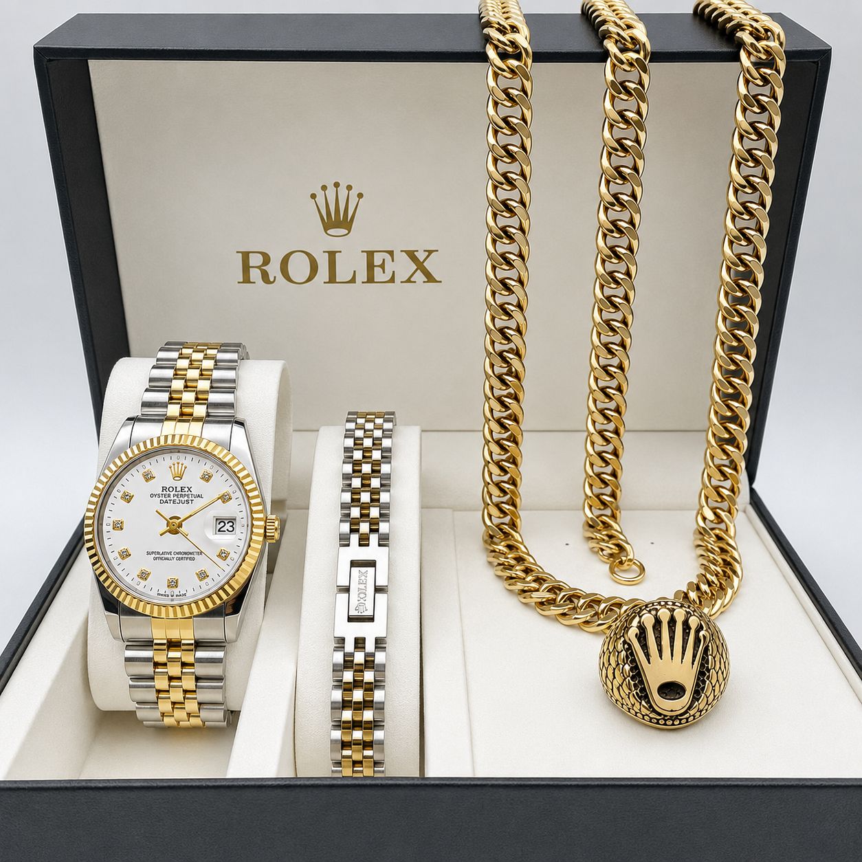 🌈 ست ساعت مردانه مارک رولکس ☑️Rolex for mens  ✅دیت جاست ✅شیشه تلسکوپی ✅بند استیل ✅تقویم دار ✅موتور کوارتز  ☑️به همراه گردنبند کارتیر  ✅و دستبند کارتیر ✅و دستبند رولکسی استیل  ✅و انگشتر طلاروس رولکسی ✅بهترین گزینه برای کادو و هدیه