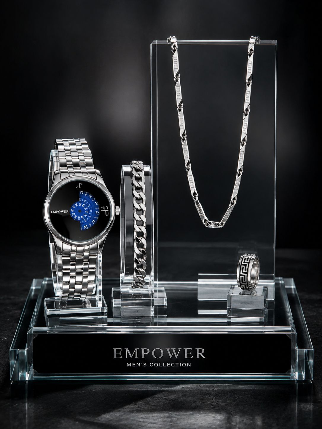 🌈 ست ساعت مردانه مارک امپاور ☑️Empower for mens  ✅تقویم دار ✅طرح کنتوری ✅ضد آب در حد شستشو ✅بند استیل ✅کیفیت مناسب رنگ ✅موتور کوارتز ✅بهترین گزینه برای کادو و هدیه ☑️به همراه گردنبند کبریتی استیل اصلی ☑️و دستبند کارتیر ☑️و حلقه دو تیکه استیل 🎁به همراه جعبه کادویی