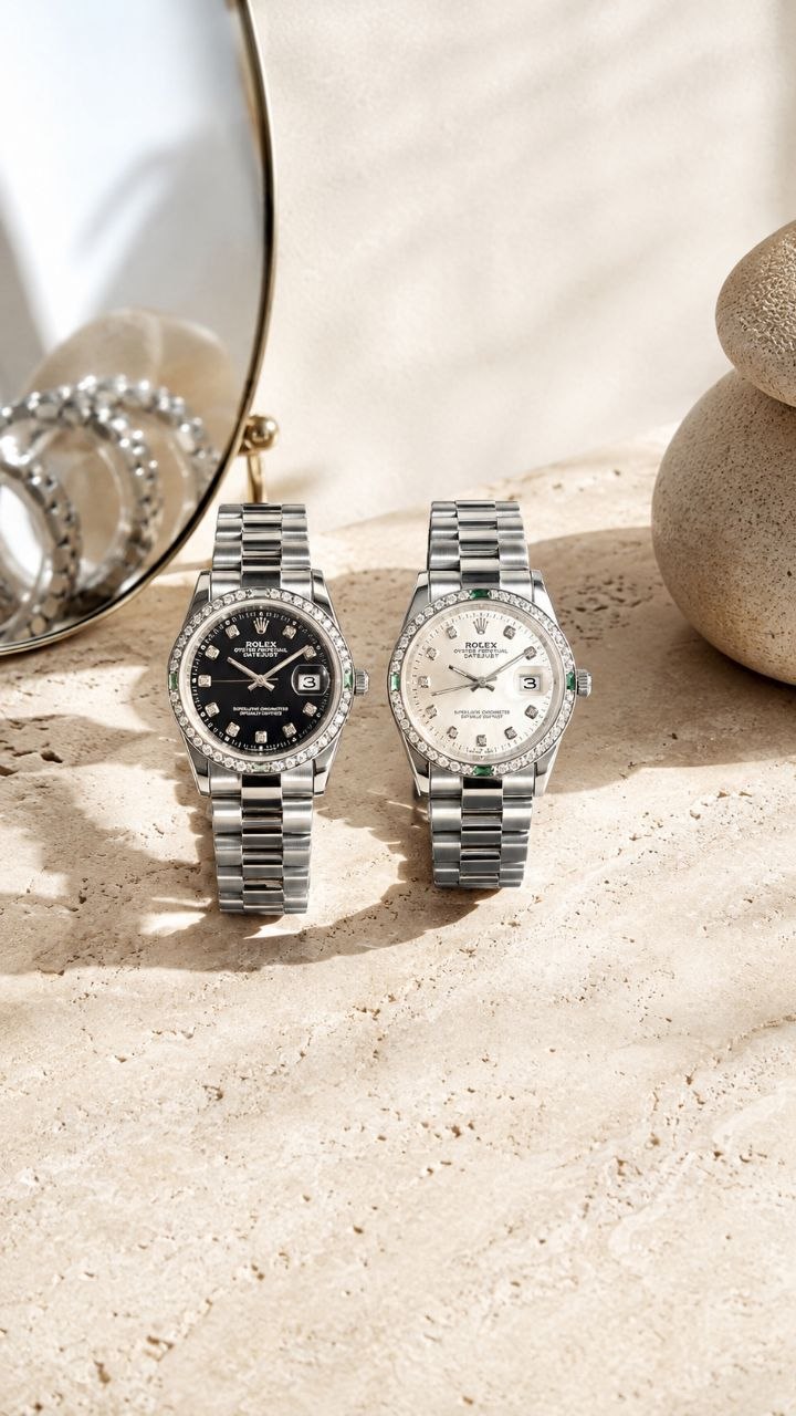 ROLEX       Date just  رولکس دی دیت جاس  دارای روز شمار  قفل رولکسی صفحه نگینی  بند استیل خاص وجذاب  تقویم تلسکوپی