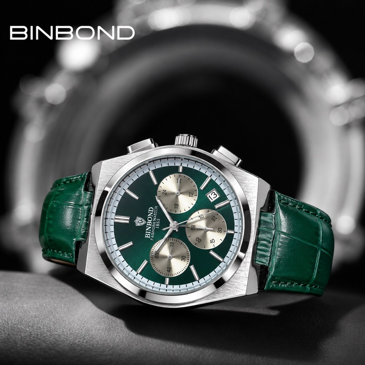 ☑️BIN BOND   《highe quality》       🫆 watch               ⌚️بین باند مدلی نو  مناسب آقایان   مقاوم دربرابر آب برندشرکتی   کرنوگراف   دارای روز شمار  ضخامت ۱۱میل  قطر صفحه ۴۳میل بند چرمی شیشه سافایر  شب نما قفل کمربندی موتور کوارتز