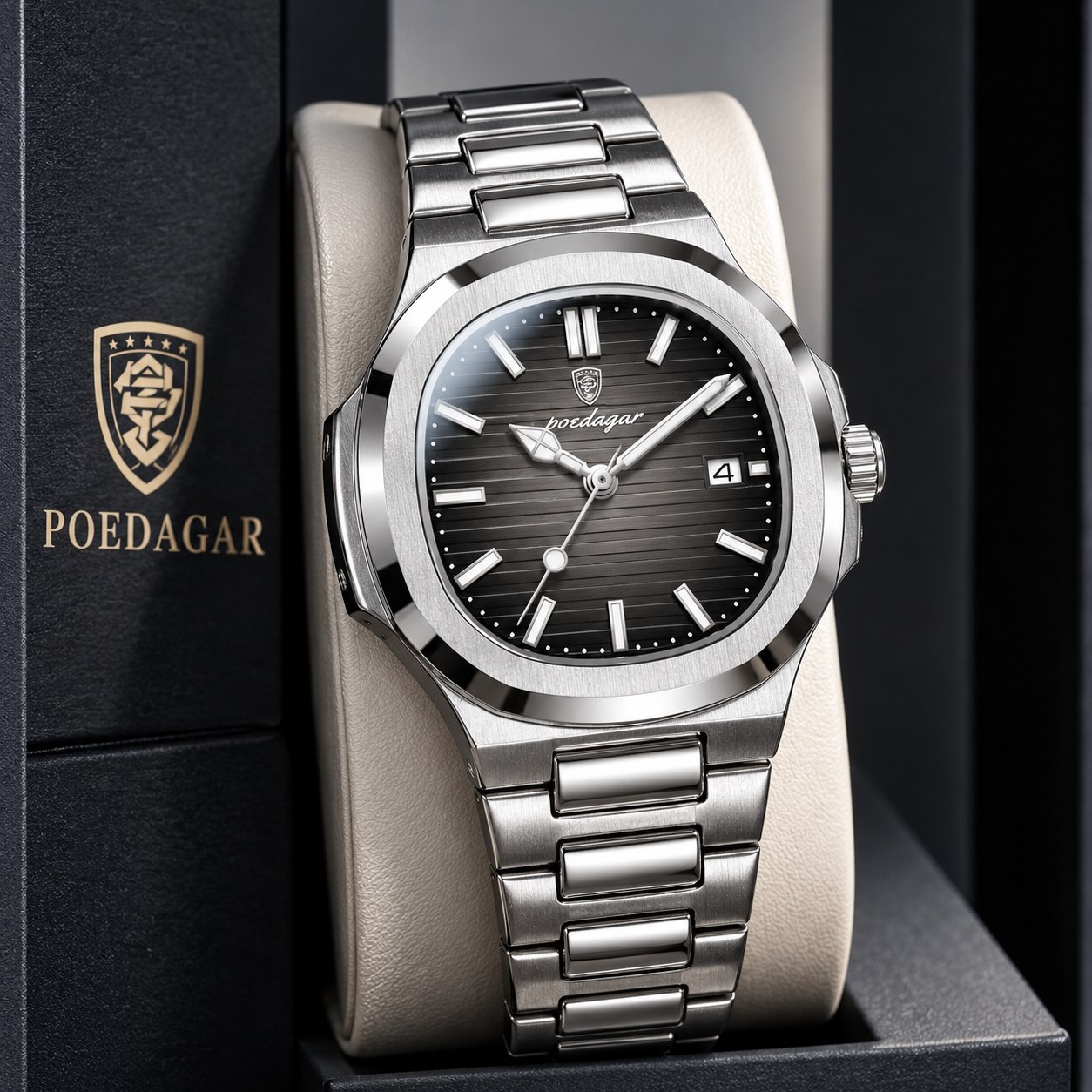 poedagar   New collection ✨️    watch   《highe quality》                       🔥پوداگار مربعی خاص  برند شرکتی   شب نما  بند استیل مقاوم دربرابر آب  شیشه معدنی رنگ ثابت  قفل سگک دوپروانه ای  موتور کوارتز