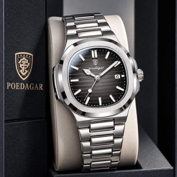 poedagar New collection ✨️ watch 《highe quality》 🔥پوداگار مربعی خاص برند شرکتی شب نما بند استیل مقاوم دربرابر آب شیشه معدنی رنگ ثابت قفل سگک دوپروانه ای موتور کوارتز