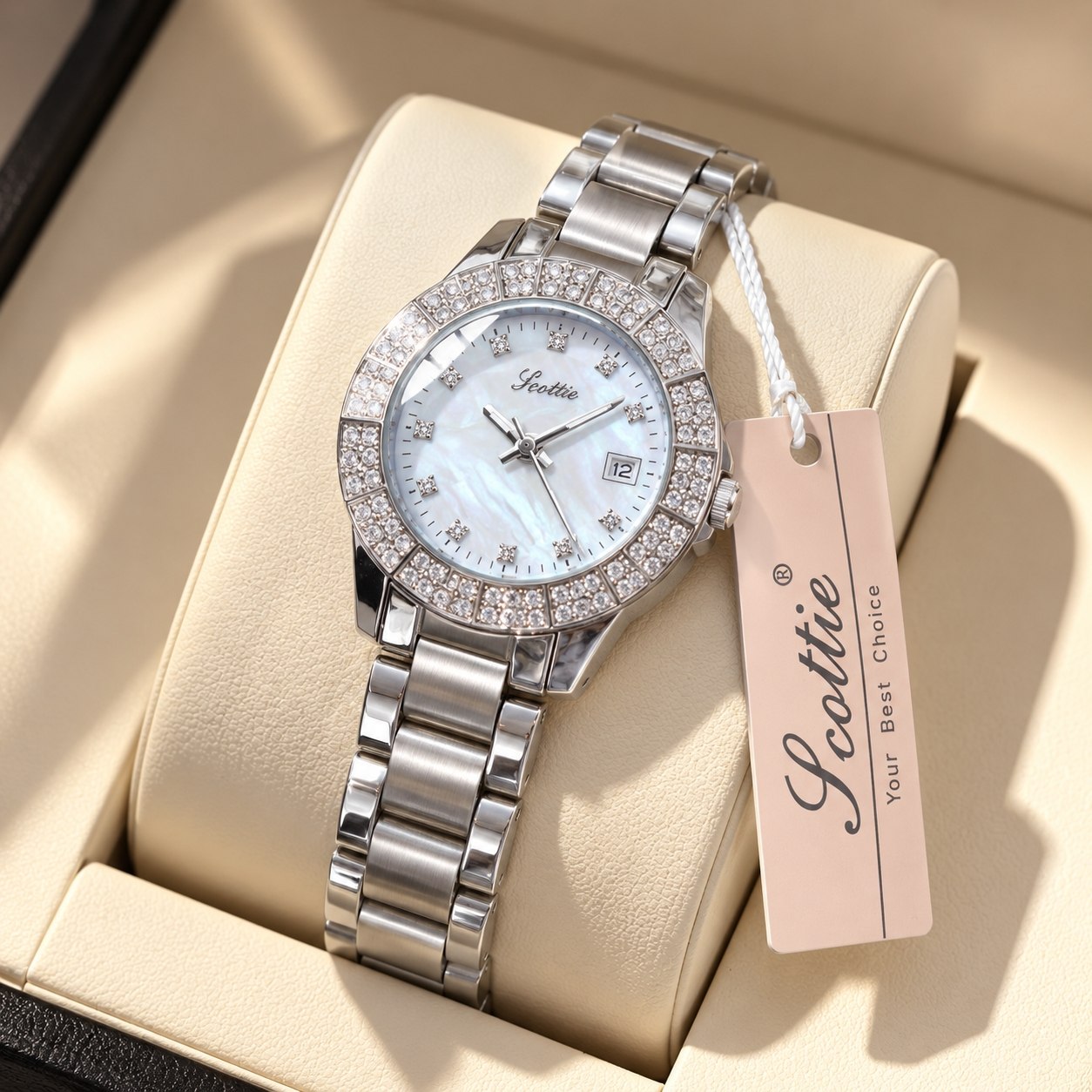 scottie     watch 💎   ظرافتی که ماندگار می‌مونه   مستر کوالیتی⚡️ اسکاتی زنونه  برند  شرکتی گرید تری ای پلاس  شیشه سافایر معدنی تراش قفل پروانه ای استیل موتورشرکتی ژاپنی  بند استیل فولادی  آنتی الرژی