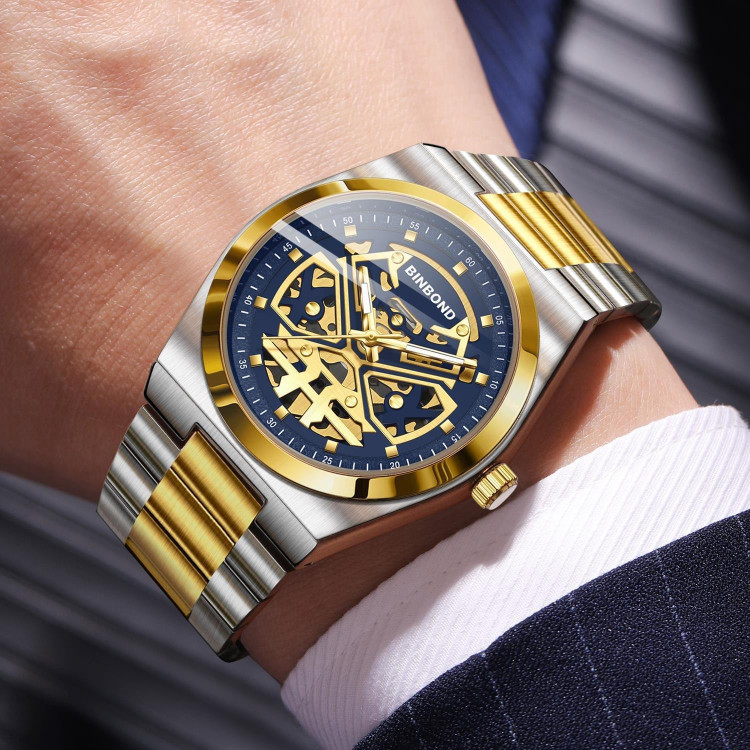 ☑️BIN BOND 《highe quality》 watch ⌚️بین باند مدلی نو مردونه پرطرفدار مقاوم دربرابر آب برندشرکتی سبک تجاری شب نما موتور نمایان بند استیل فولاد شیشه سافایر قفل دو پروانه موتور PE30 آرام گرد