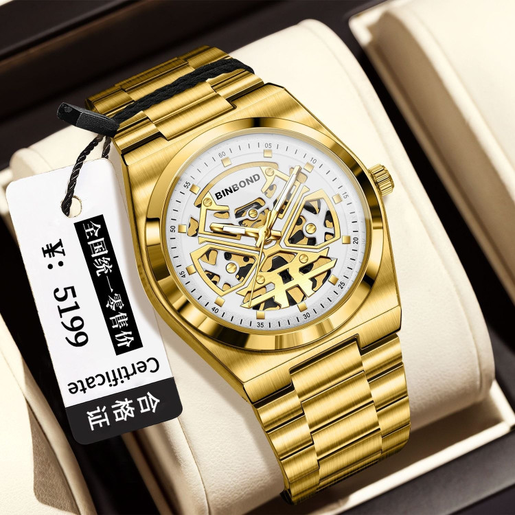 ☑️BIN BOND 《highe quality》 watch ⌚️بین باند مدلی نو مردونه پرطرفدار مقاوم دربرابر آب برندشرکتی سبک تجاری شب نما موتور نمایان بند استیل فولاد شیشه سافایر قفل دو پروانه موتور PE30 آرام گرد