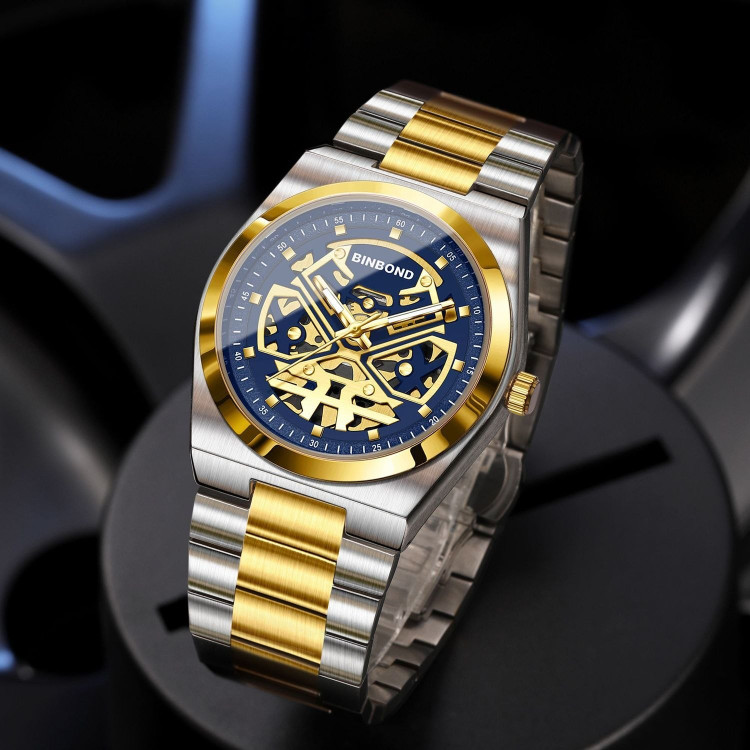 ☑️BIN BOND 《highe quality》 watch ⌚️بین باند مدلی نو مردونه پرطرفدار مقاوم دربرابر آب برندشرکتی سبک تجاری شب نما موتور نمایان بند استیل فولاد شیشه سافایر قفل دو پروانه موتور PE30 آرام گرد