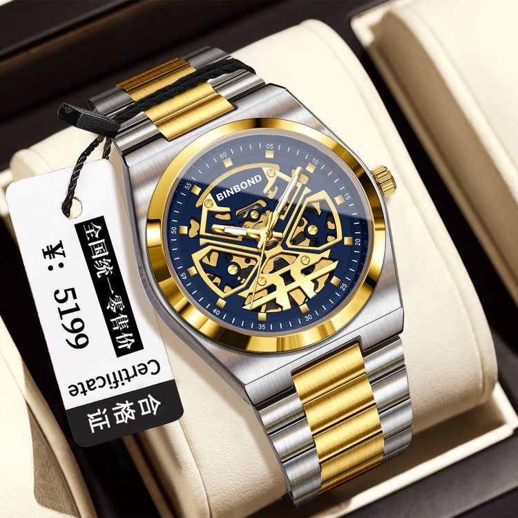 ☑️BIN BOND 《highe quality》 watch ⌚️بین باند مدلی نو مردونه پرطرفدار مقاوم دربرابر آب برندشرکتی سبک تجاری شب نما موتور نمایان بند استیل فولاد شیشه سافایر قفل دو پروانه موتور PE30 آرام گرد