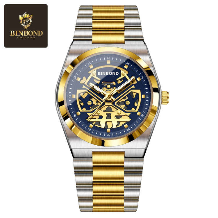 ☑️BIN BOND 《highe quality》 watch ⌚️بین باند مدلی نو مردونه پرطرفدار مقاوم دربرابر آب برندشرکتی سبک تجاری شب نما موتور نمایان بند استیل فولاد شیشه سافایر قفل دو پروانه موتور PE30 آرام گرد