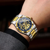 ☑️BIN BOND 《highe quality》 watch ⌚️بین باند مدلی نو مردونه پرطرفدار مقاوم دربرابر آب برندشرکتی سبک تجاری شب نما موتور نمایان بند استیل فولاد شیشه سافایر قفل دو پروانه موتور PE30 آرام گرد