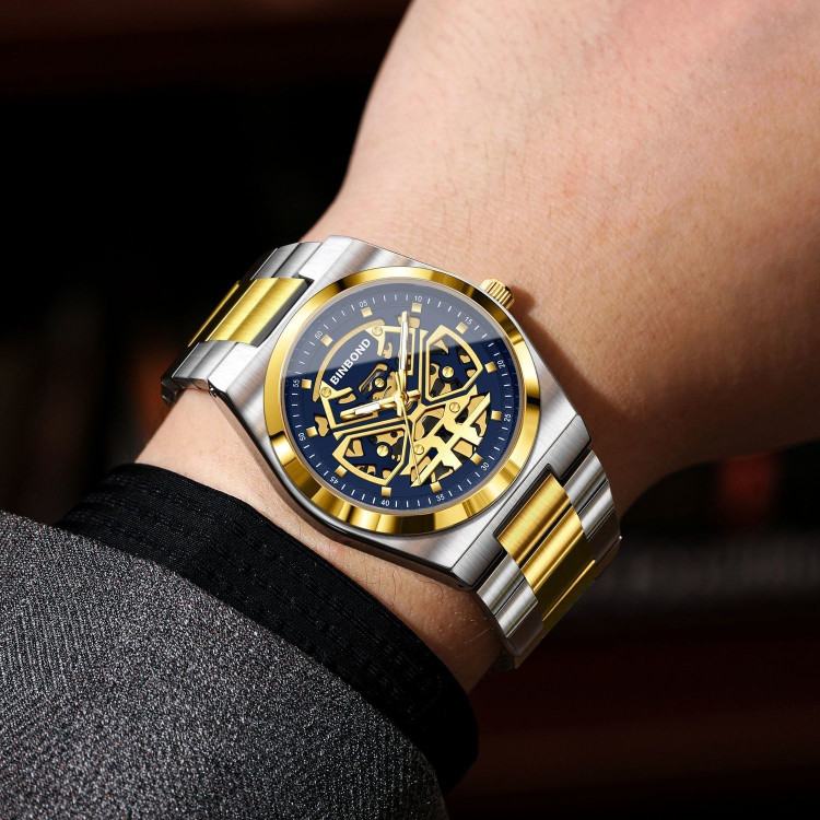 ☑️BIN BOND 《highe quality》 watch ⌚️بین باند مدلی نو مردونه پرطرفدار مقاوم دربرابر آب برندشرکتی سبک تجاری شب نما موتور نمایان بند استیل فولاد شیشه سافایر قفل دو پروانه موتور PE30 آرام گرد
