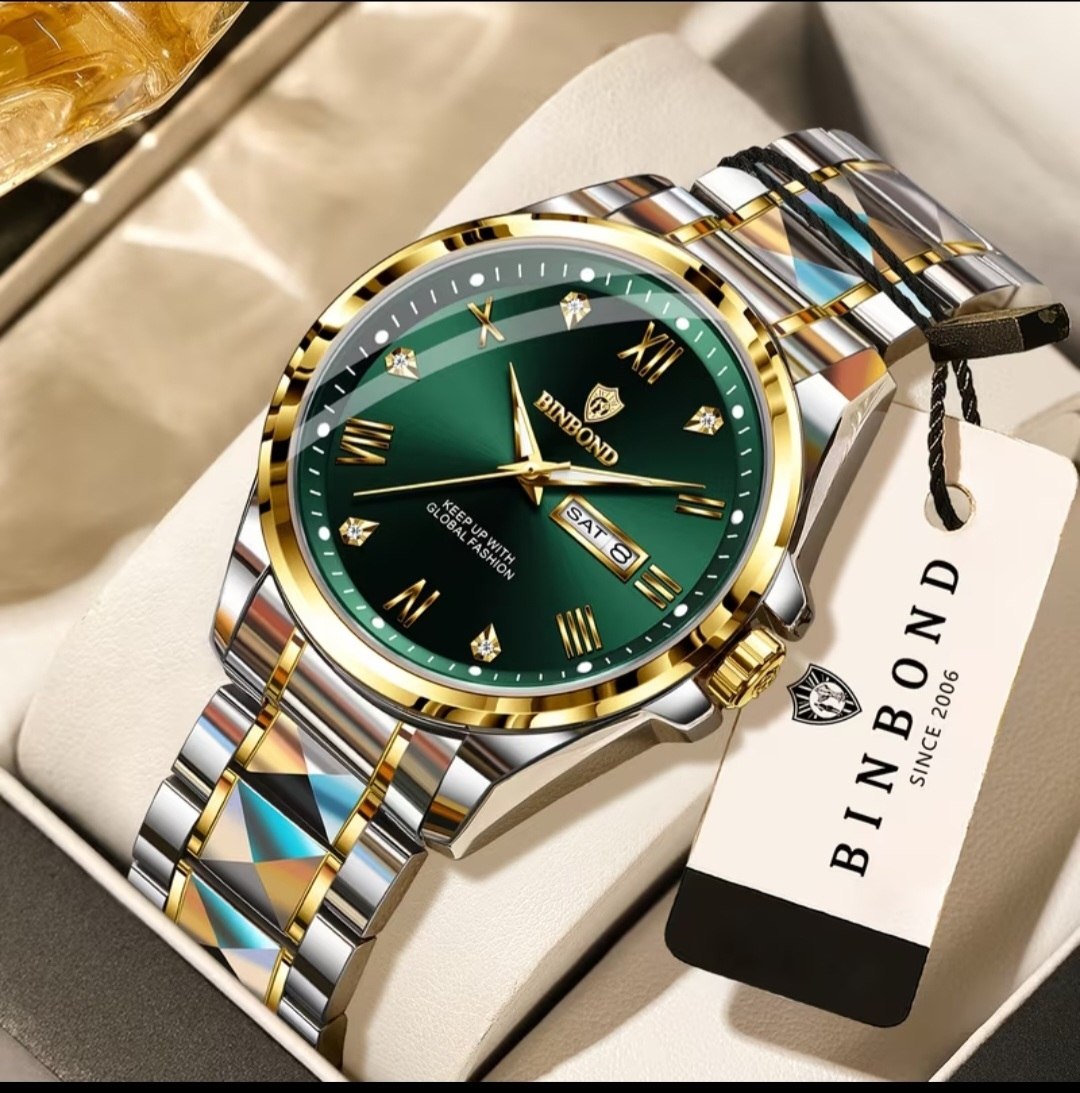 ☑️BIN BOND   New collection  😍   《highe quality》       🫆 watch               ⌚️بین باند مدلی نو  ✨شارژجدید _در شش رنگ   مقاوم دربرابر آب برندشرکتی    شب نما دارای روز شمار  ایام هفته  بند استیل فولاد قفل دو پروانه  موتور کوارتز