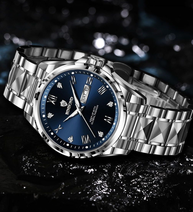 ☑️BIN BOND New collection 😍 《highe quality》 watch ⌚️بین باند مدلی نو ✨شارژجدید _در شش رنگ مقاوم دربرابر آب برندشرکتی شب نما دارای روز شمار ایام هفته بند استیل فولاد قفل دو پروانه موتور کوارتز
