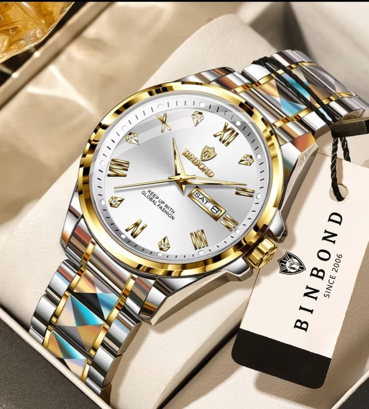 ☑️BIN BOND New collection 😍 《highe quality》 watch ⌚️بین باند مدلی نو ✨شارژجدید _در شش رنگ مقاوم دربرابر آب برندشرکتی شب نما دارای روز شمار ایام هفته بند استیل فولاد قفل دو پروانه موتور کوارتز