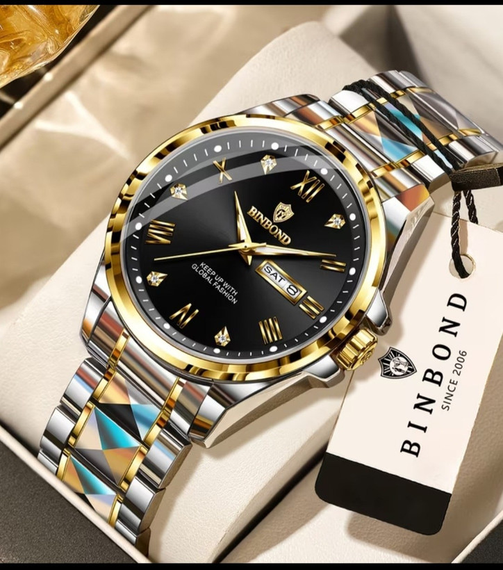 ☑️BIN BOND New collection 😍 《highe quality》 watch ⌚️بین باند مدلی نو ✨شارژجدید _در شش رنگ مقاوم دربرابر آب برندشرکتی شب نما دارای روز شمار ایام هفته بند استیل فولاد قفل دو پروانه موتور کوارتز