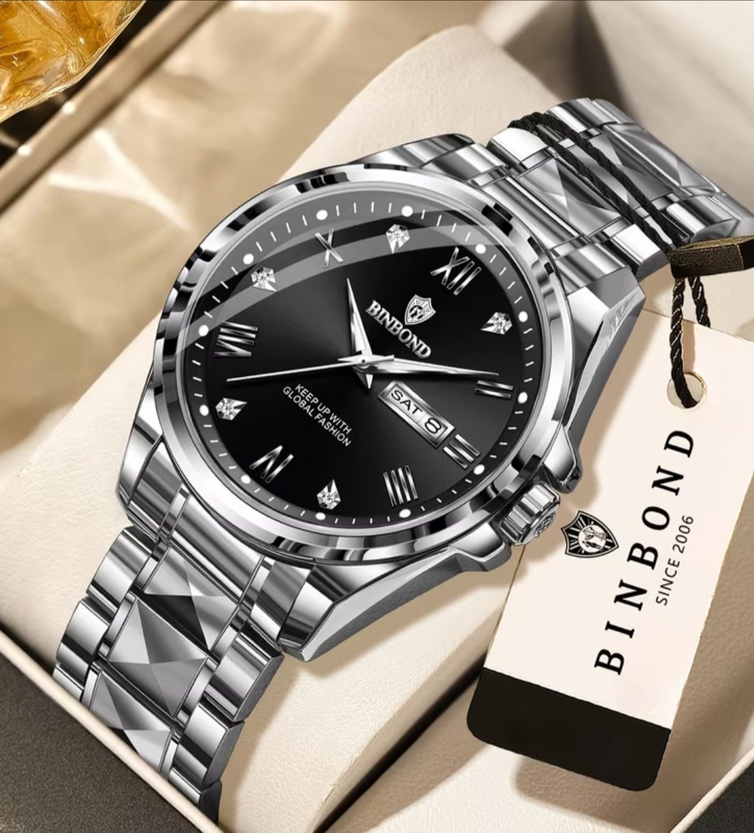 ☑️BIN BOND   New collection  😍   《highe quality》       🫆 watch               ⌚️بین باند مدلی نو  ✨شارژجدید _در شش رنگ   مقاوم دربرابر آب برندشرکتی    شب نما دارای روز شمار  ایام هفته  بند استیل فولاد قفل دو پروانه  موتور کوارتز